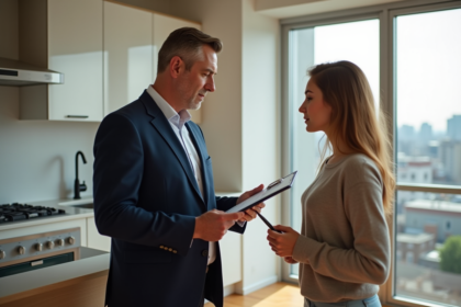 Homme en costume bleu parle à une femme dans un appartement lumineux