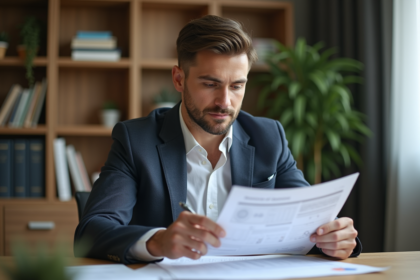 Homme en costume dans un bureau moderne lisant des documents financiers