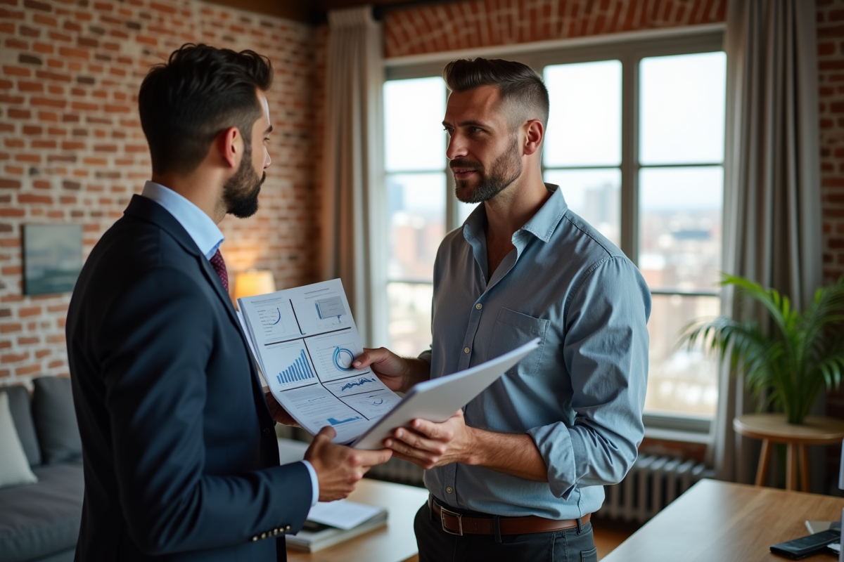 Homme d affaires montrant des documents financiers à un collègue