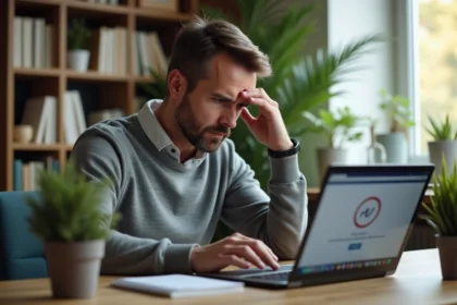 Homme frustré devant une erreur d'accès sur le portail MyFoncia affiché sur son ordinateur portable