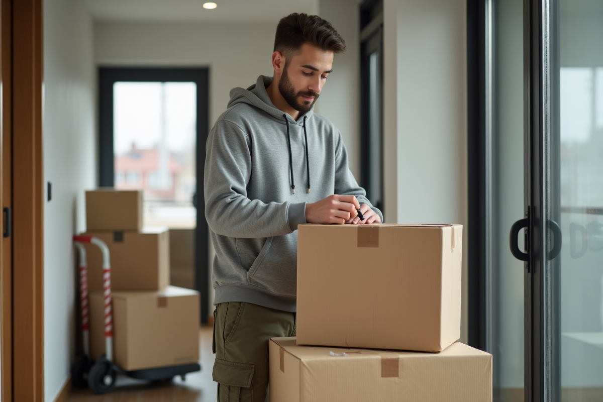 Jeune homme étiquetant des cartons dans un couloir moderne
