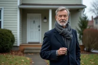 Homme d'âge moyen devant une maison abandonnée automne