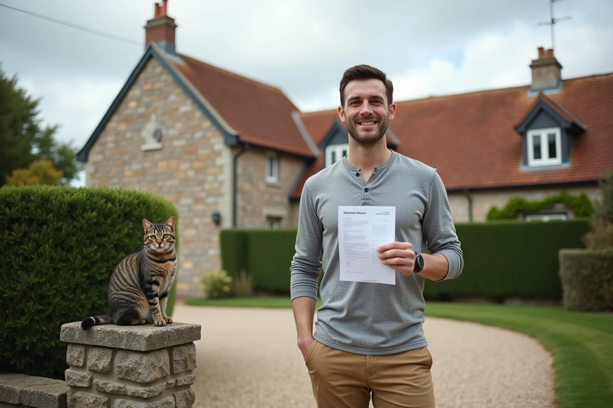 Homme devant une maison normande à louer dans le département de l'Eure avec son chat sur le muret du jardin