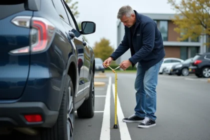 Homme mesurant la largeur d'une ligne de parking avec un ruban