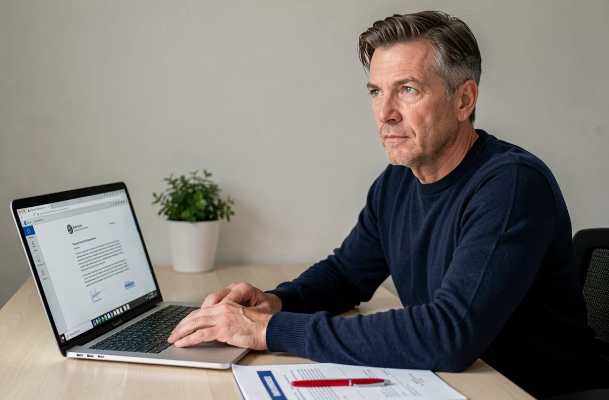 Homme consultant un modèle de lettre de résiliation d'assurance sur ordinateur portable dans un bureau à domicile