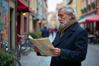 Homme d'âge moyen regardant un mur coloré dans un quartier animé