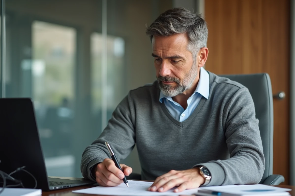 Homme remplissant des papiers à la réception d’un bureau
