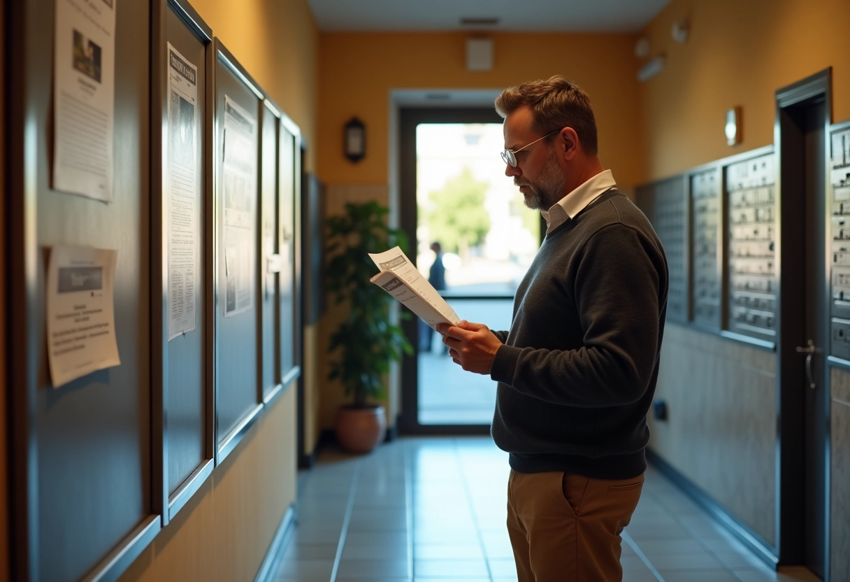 Homme lisant une annonce de location dans un hall parisien