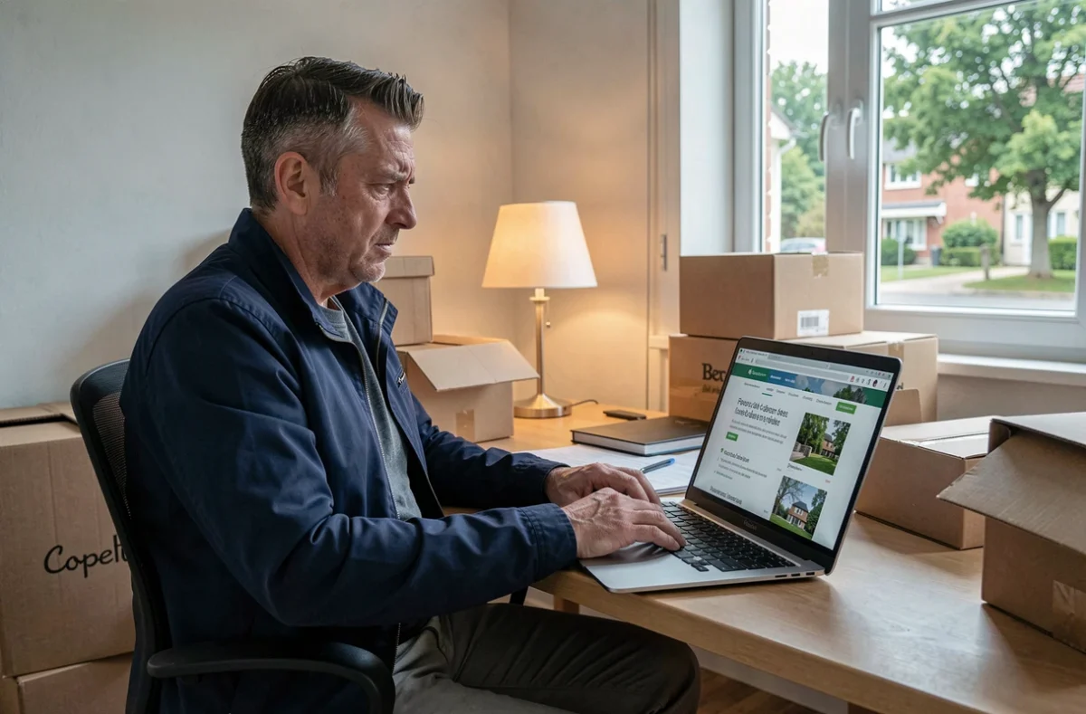 Homme cherchant une maison à vendre sans agence sur internet lors d'un divorce urgent dans la Sarthe