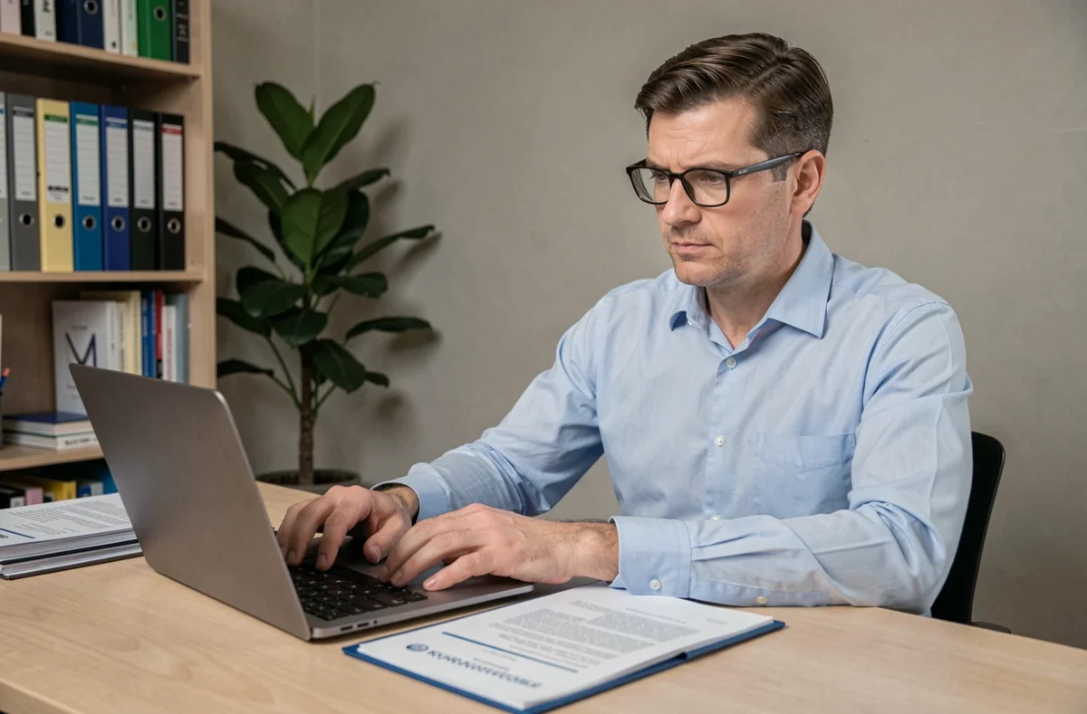 Homme rédigeant une lettre de résiliation d'assurance habitation sur ordinateur portable