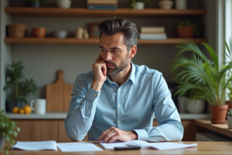 Homme en intérieur révisant ses factures et documents financiers