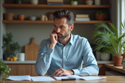 Homme en intérieur révisant ses factures et documents financiers