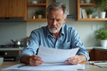 Homme d'âge moyen examine documents de prêt immobilier