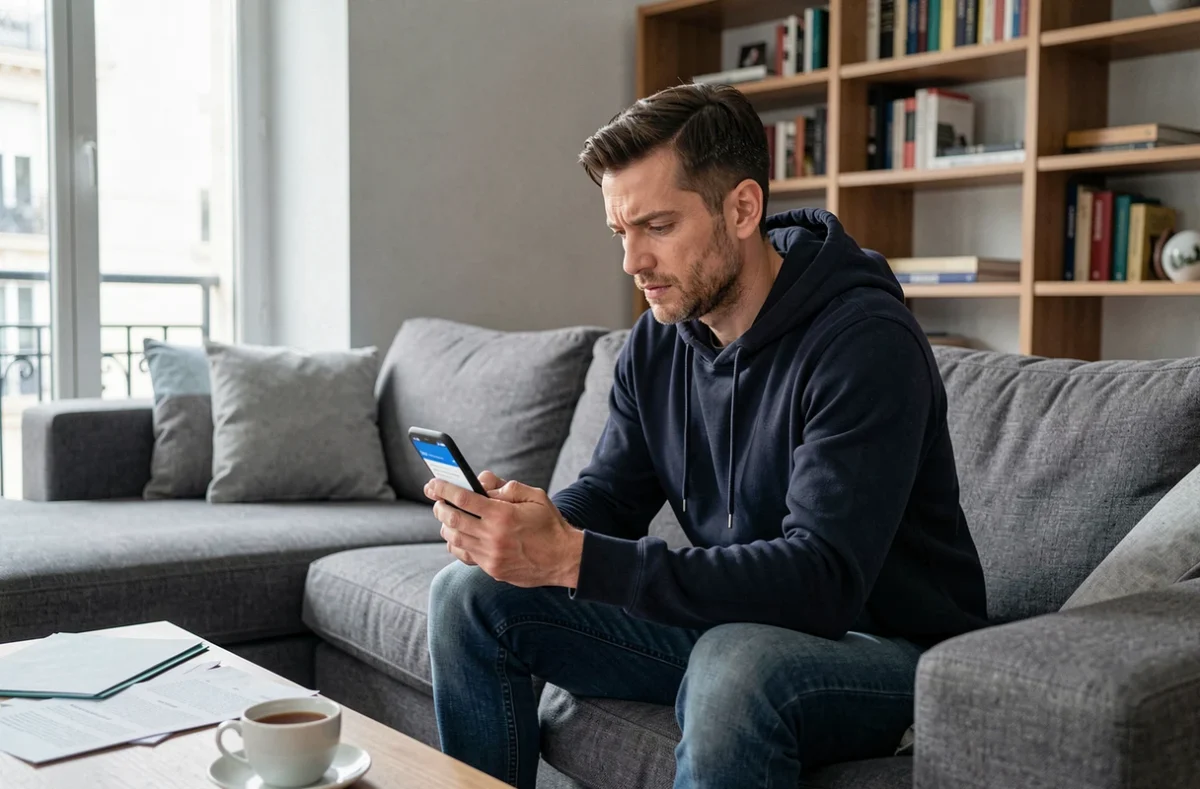 Homme consultant le site d'assurance Sogessur sur smartphone pour résilier son contrat habitation