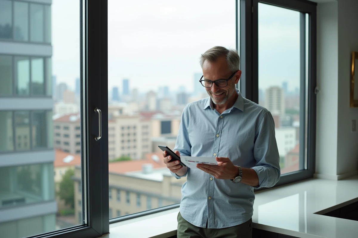 Homme souriant utilisant un smartphone dans un appartement urbain