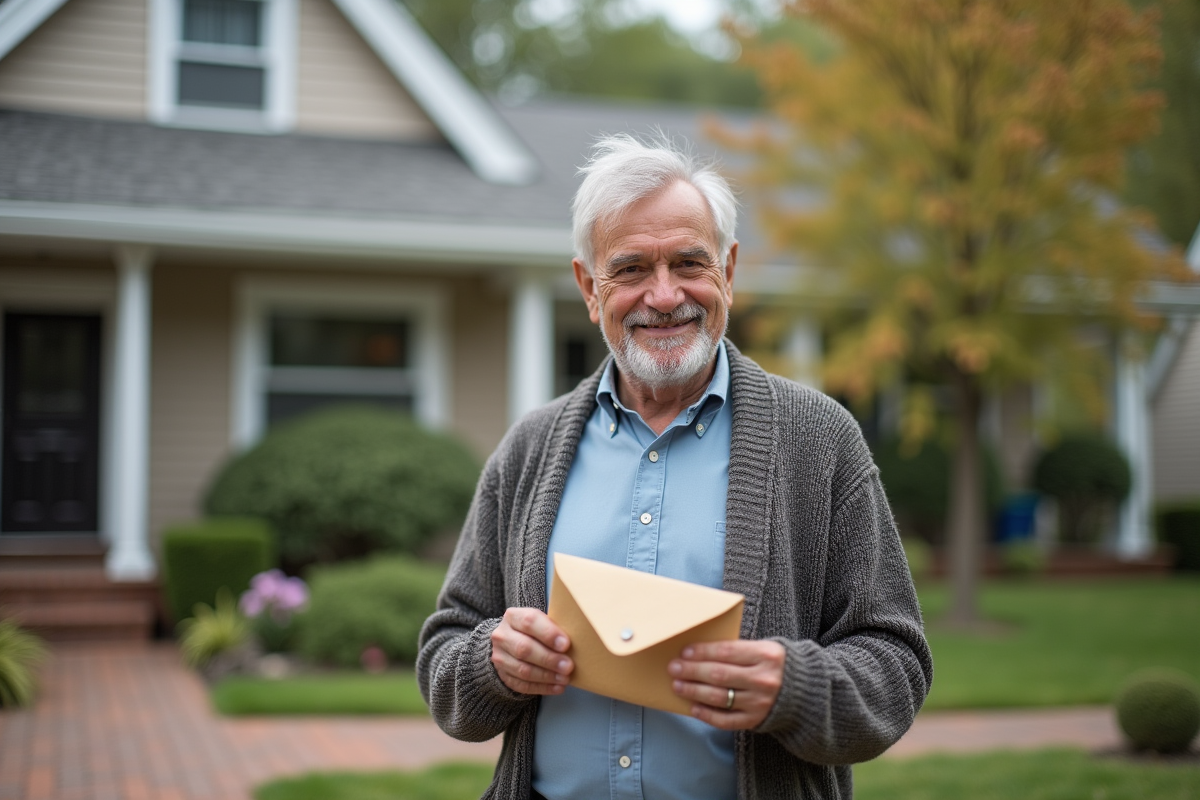 Homme âgé souriant devant sa maison avec un document