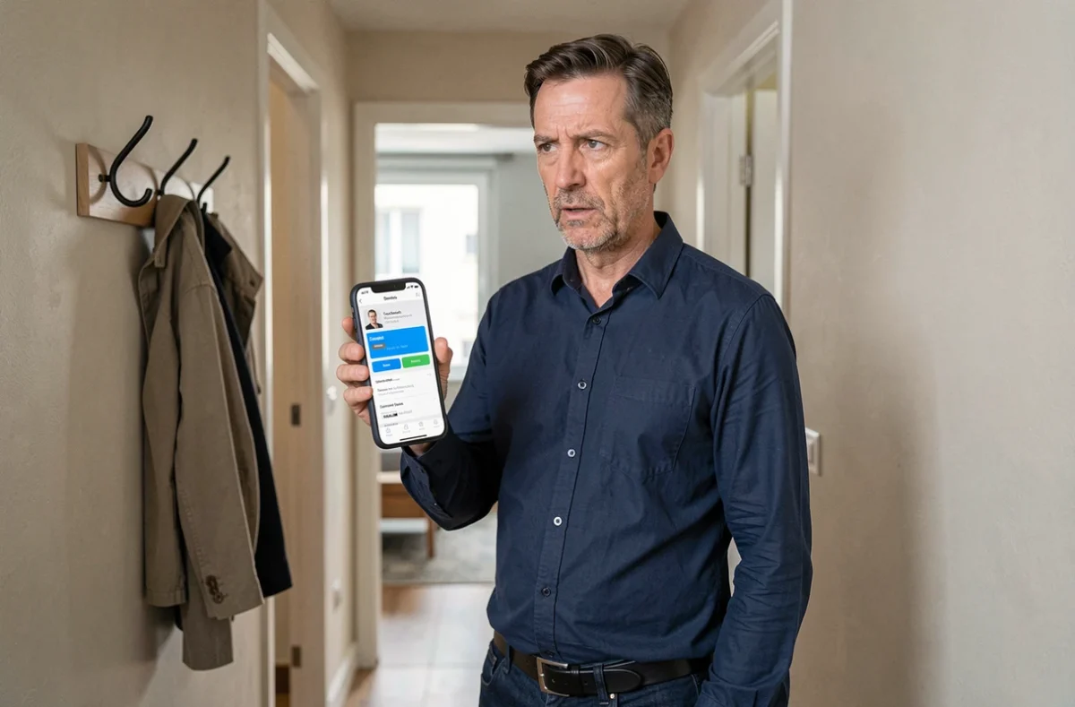 Homme consultant le suivi de sa demande SAV Foncia sur smartphone dans son appartement