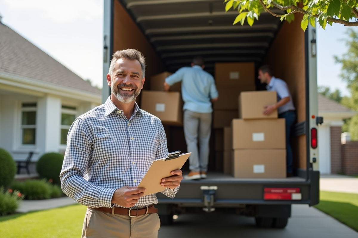 Homme souriant supervisant le chargement de cartons dans un camion