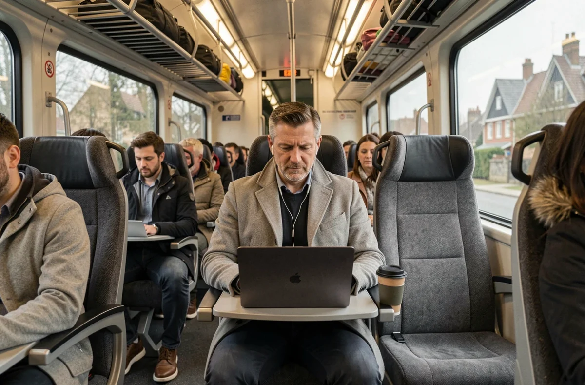 Homme travaillant sur ordinateur portable dans un train Transilien entre Versailles et Paris pendant son trajet quotidien