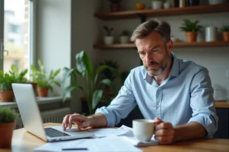 Homme d'âge moyen travaillant à la maison avec papiers et ordinateur
