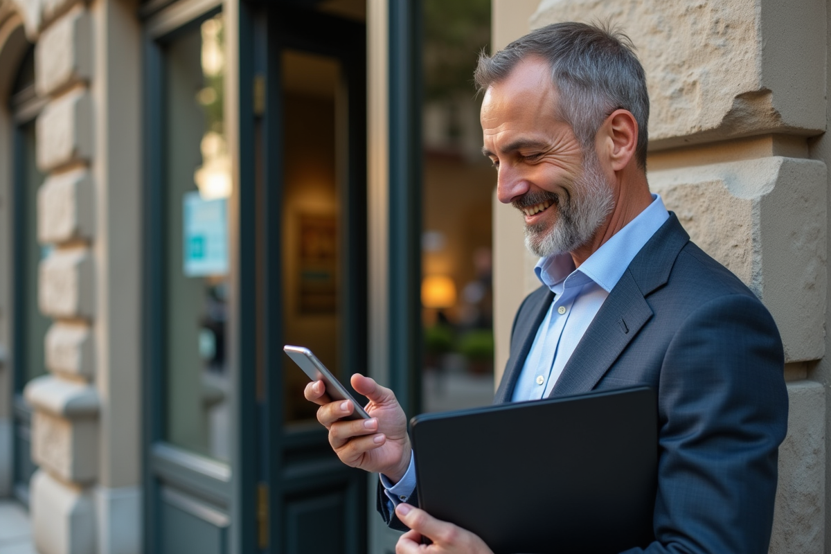 Homme d affaires vérifiant son téléphone devant une banque