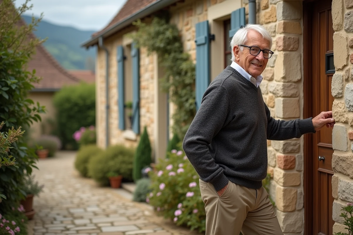 Homme âgé devant une maison de village en France