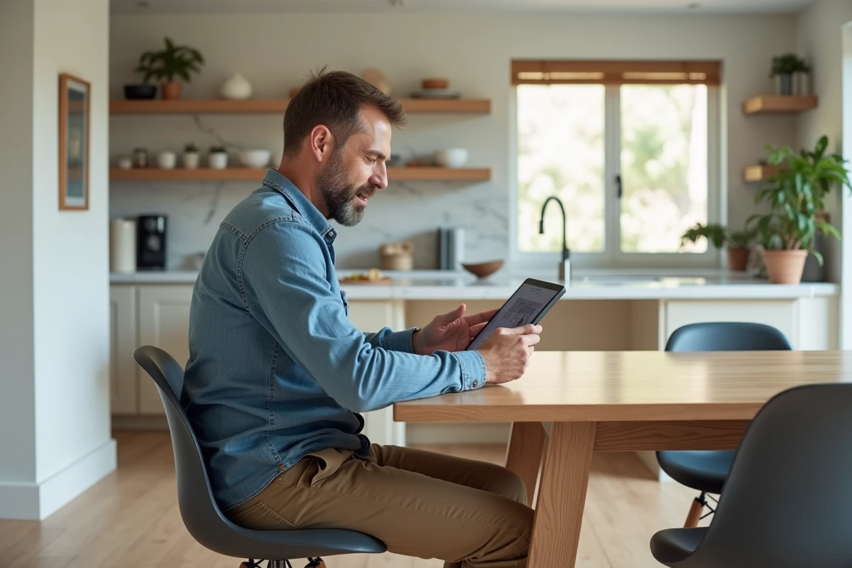 Homme regardant une visite virtuelle sur une tablette dans la cuisine