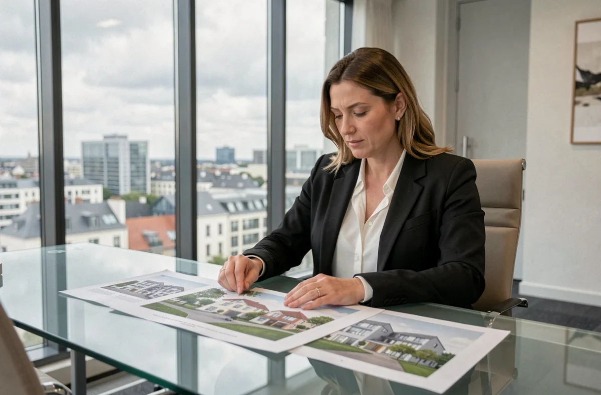 Dirigeante d'Icade en réunion dans un bureau moderne avec vue sur une ville française