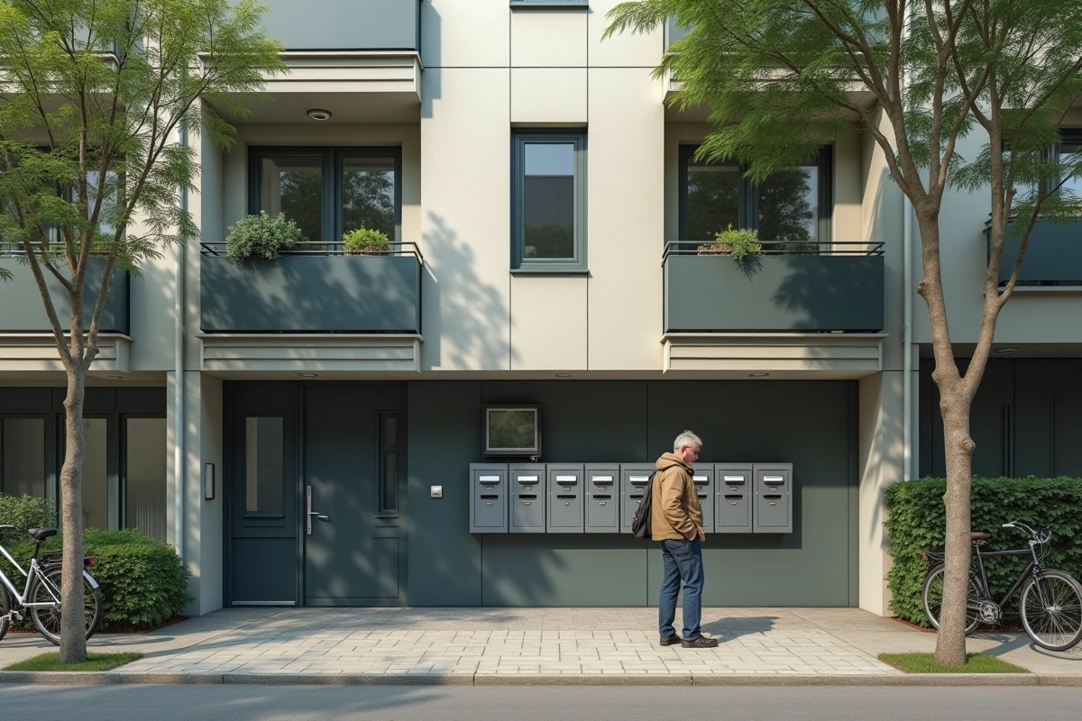 Façade d'un immeuble de logement social en France avec résident devant les boîtes aux lettres