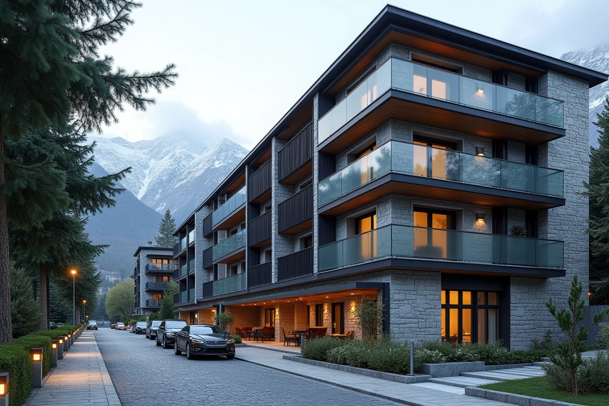Immeuble résidentiel moderne à Andorre-la-Vieille avec architecture pyrénéenne et vue sur les sommets enneigés