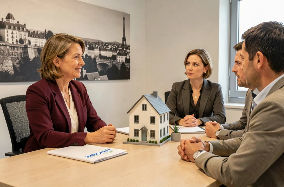 Conseillère IMMOPRÊT à Pau accompagnant un couple dans leur projet de financement immobilier dans un bureau professionnel
