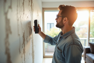 Inspecteur professionnel utilisant un humidimètre sur un mur humide dans un salon lumineux