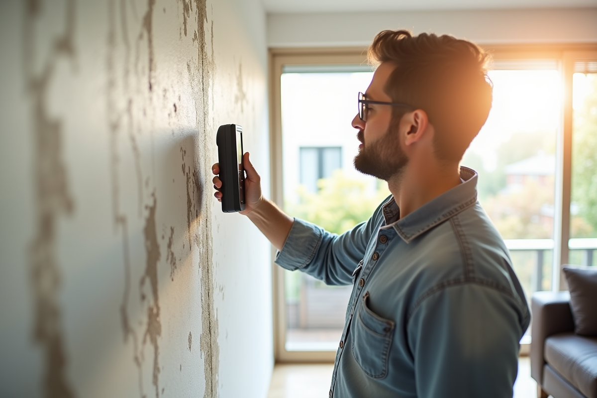 Inspecteur professionnel utilisant un humidimètre sur un mur humide dans un salon lumineux