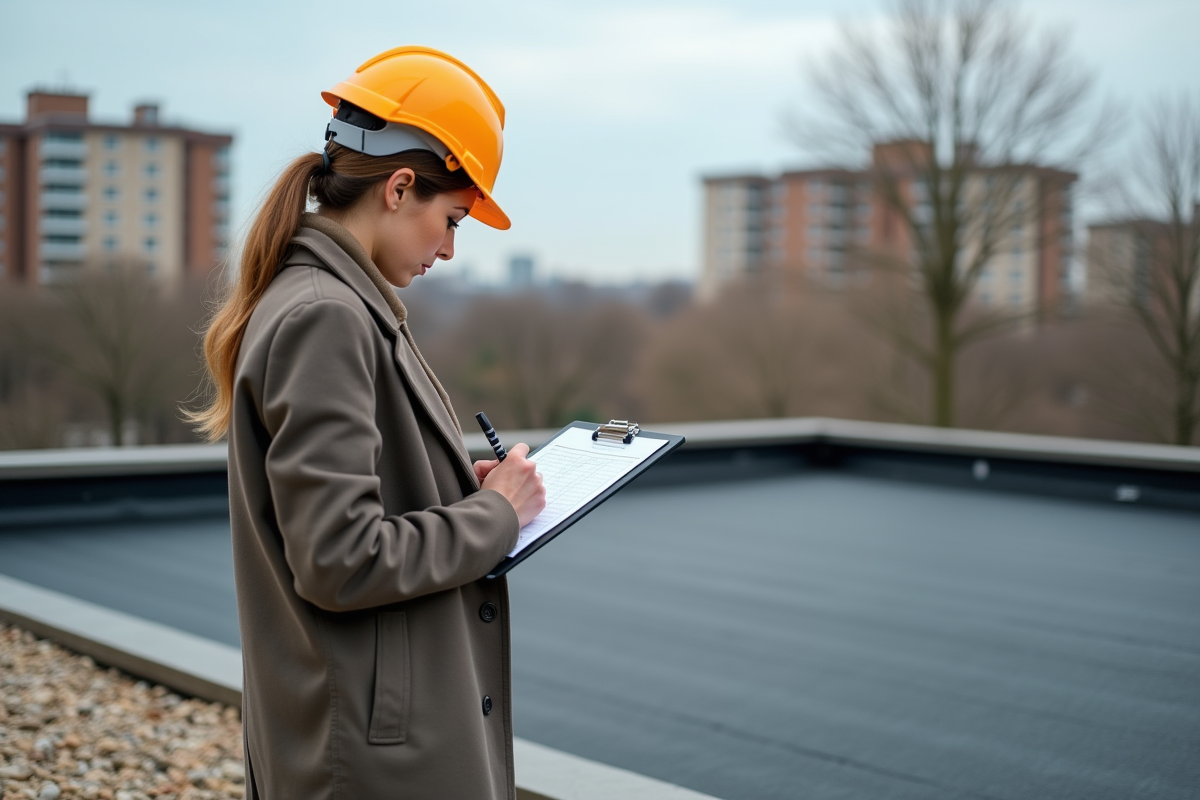 Inspectrice vérifiant une toiture plate avec un carnet