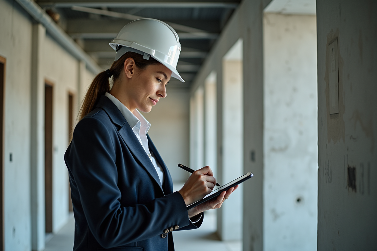 Inspectrice vérifie une structure dans un bâtiment en rénovation