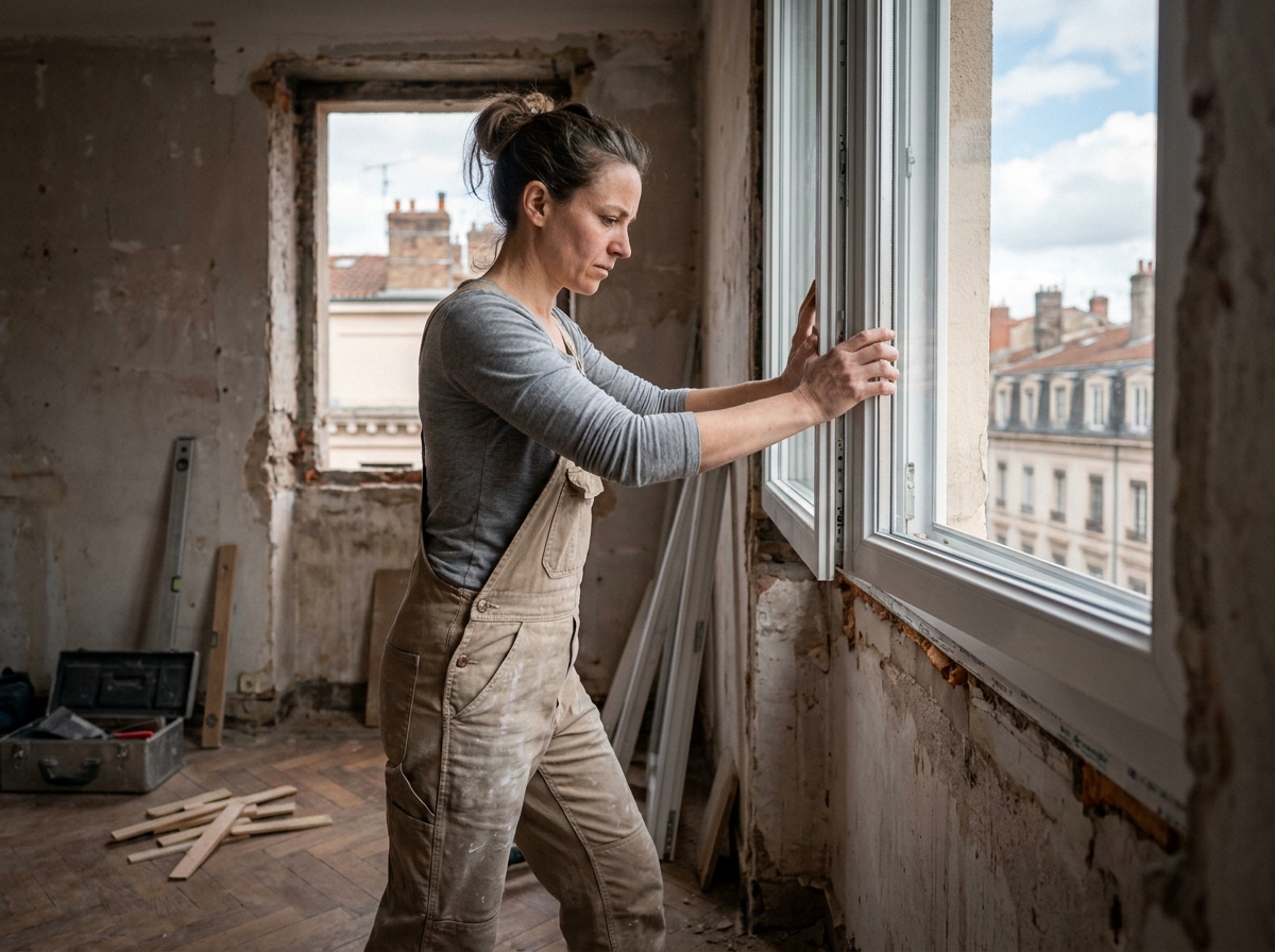 Femme menuisière installant une fenêtre double vitrage dans un appartement en rénovation à Lyon