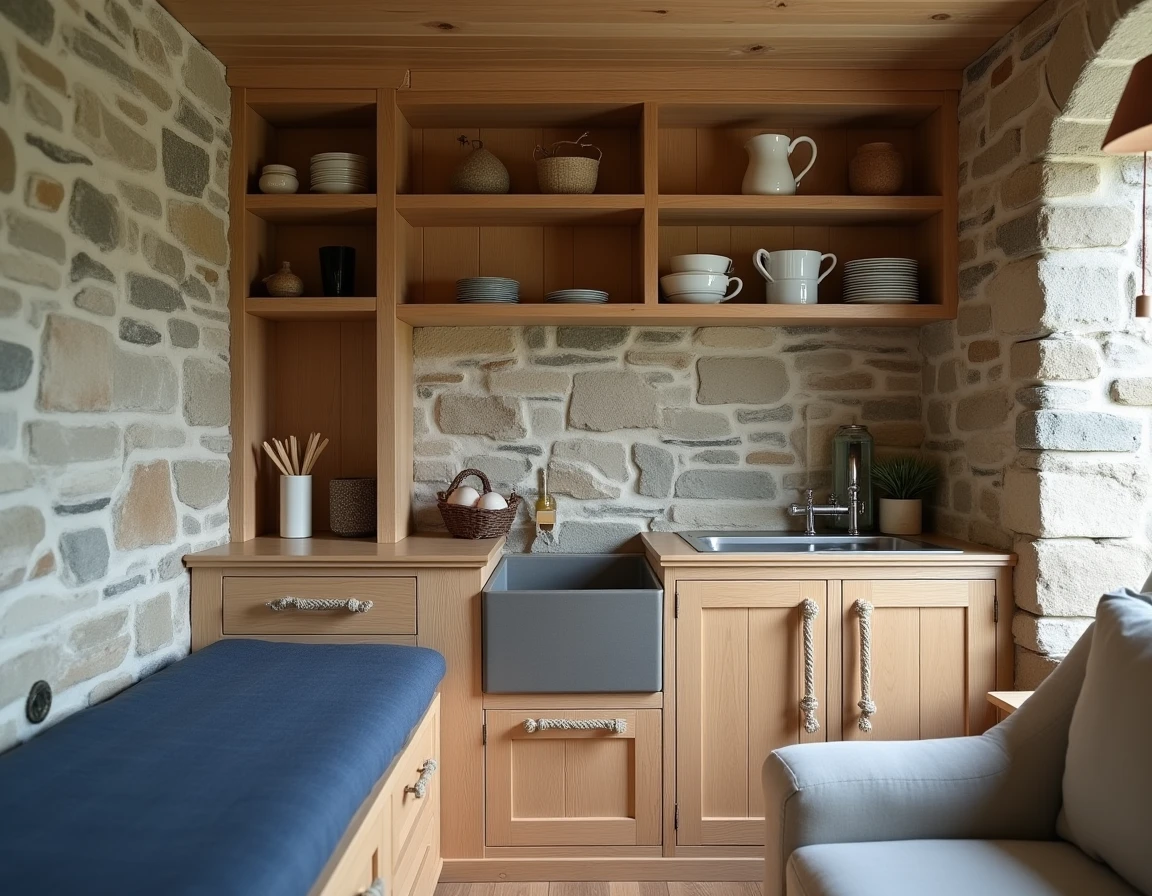 Intérieur optimisé d'une petite maison de pêcheur bretonne avec rangements intégrés en alcôves et murs en pierre apparente