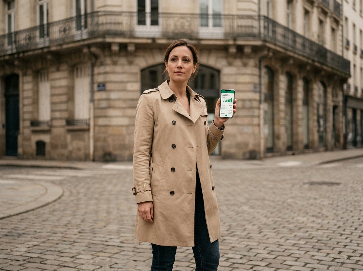 Investisseuse consultant une application immobilière sur smartphone dans une rue historique du centre de Rennes, investissement à distance facilité par Timo Conseil