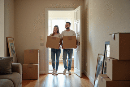 Jeune couple souriant avec cartons dans un appartement moderne