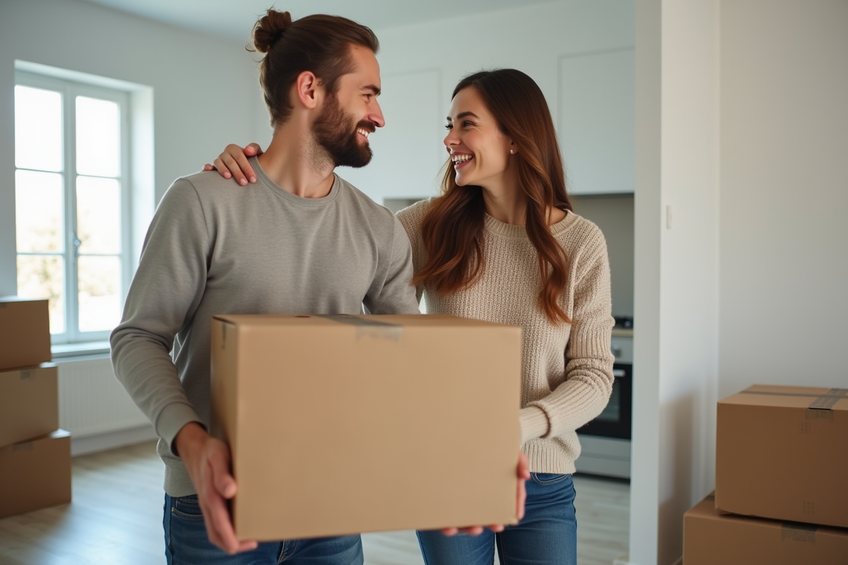 Jeune couple français démenageant dans un appartement neuf