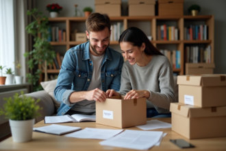 Jeune couple organisant des cartons dans un appartement cosy