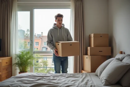 Jeune étudiant déballant des cartons dans un appartement moderne à La Roche-sur-Yon