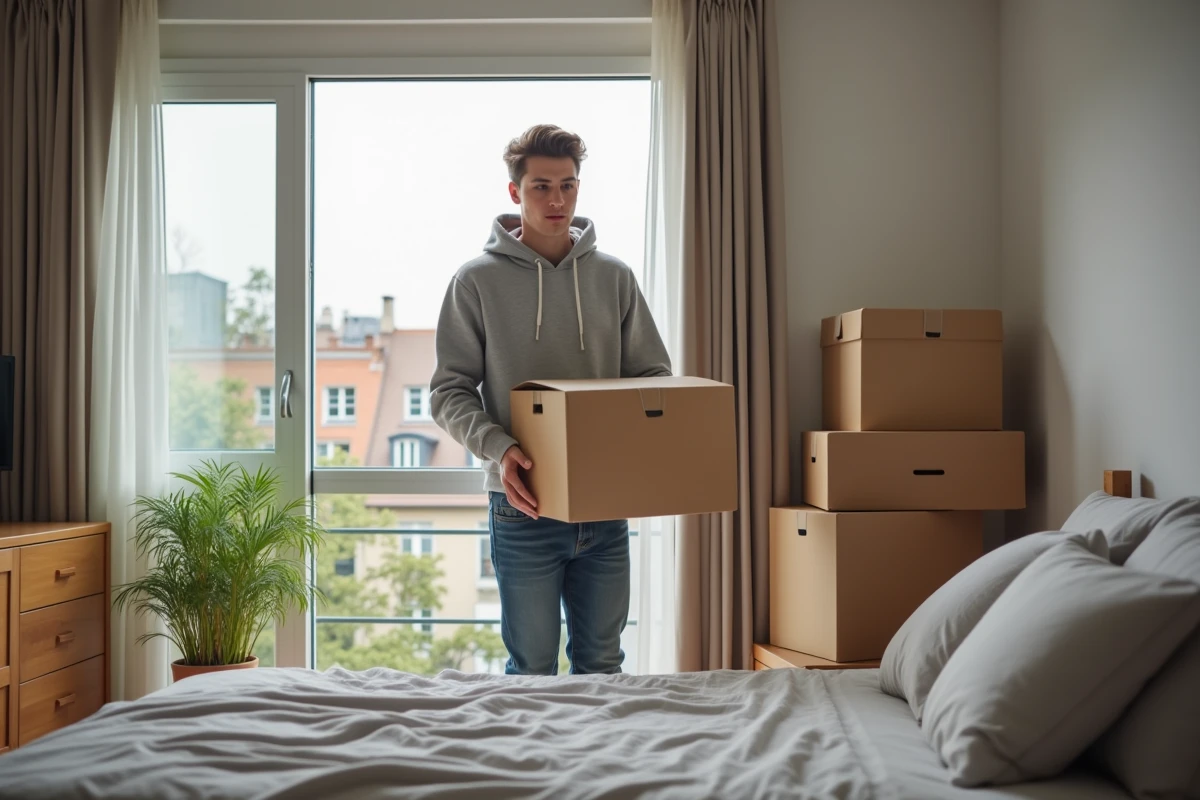 Jeune étudiant déballant des cartons dans un appartement moderne à La Roche-sur-Yon