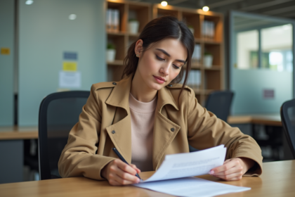 Jeune femme dans une banque en train de lire des papiers