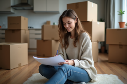 Jeune femme faisant ses papiers dans son nouvel appartement
