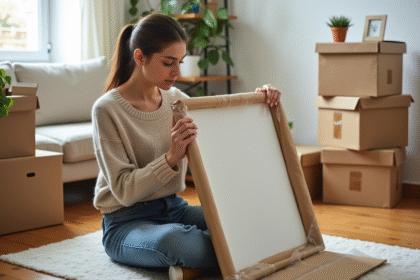 Jeune femme emballant une grande peinture avec papier et bulles