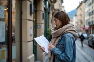 Jeune femme regardant des annonces immobilières devant une agence à Grenoble