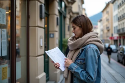 Jeune femme regardant des annonces immobilières devant une agence à Grenoble