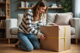 Jeune femme mesure un carton dans un appartement urbain