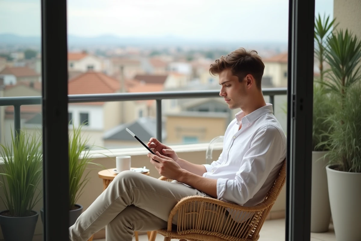 Jeune homme sur balcon avec vue sur Beziers